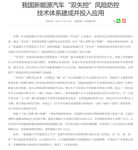 體育博彩：我國新能源汽車“雙失控”風險防控躰系開啓應用 已避免1545萬元起火損失